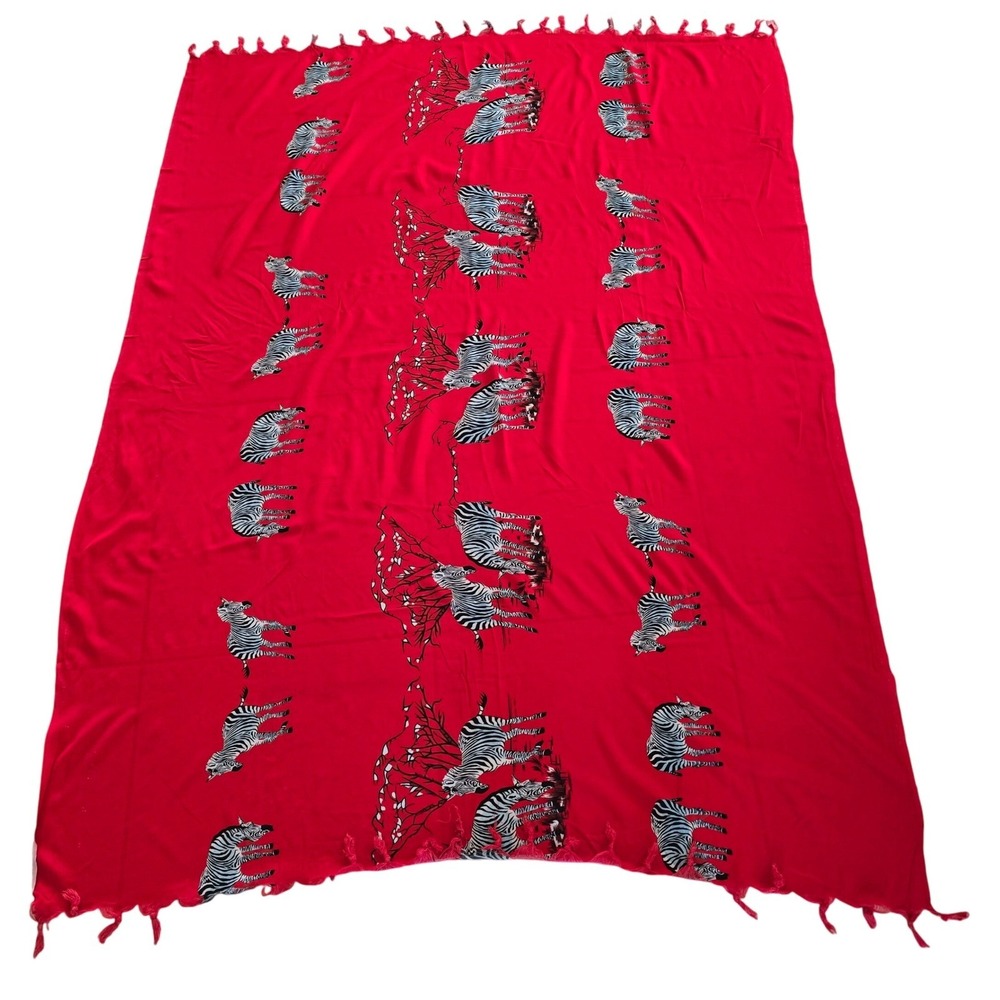 African Kanga Red Zebra Print Beach Cover Up Scarf Sarong Wrap with Tassels